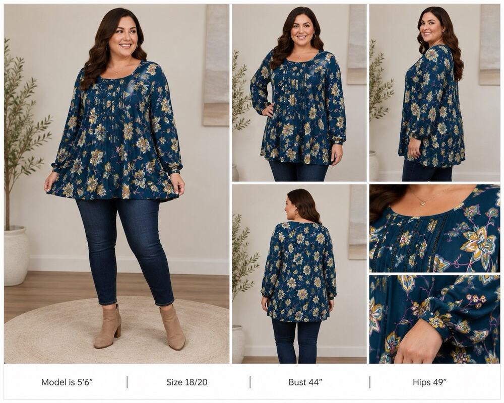 Daniel Rainn 1X Floral Tunic Top Teal Blue Pintuck Long Sleeve Boho Blouse B8